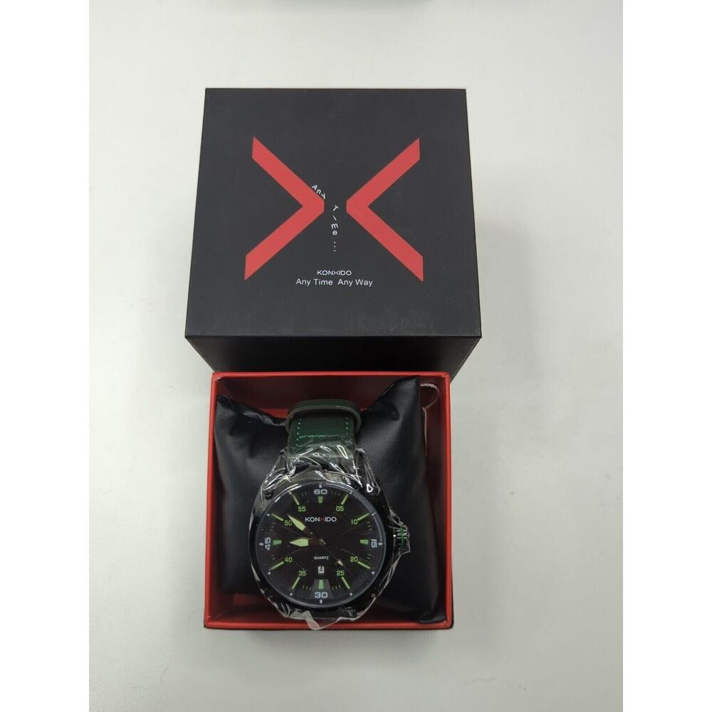 KONXIDO‎ Mens Black Green Leather Band Analog Quartz Watch KX63003